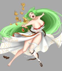 Rule 34 | 1girl, absurdly long hair, ancient greek clothes, armor, bare shoulders, breasts, broken armor, cleavage, curvy, dress, female focus, greco-roman clothes, green eyes, green hair, hair flowing over, highres, hip focus, jaxdraws, jaxdrawz, kid icarus, kid icarus uprising, large breasts, long hair, nintendo, open mouth, palutena, partial nude, sandals, single thighhigh, strapless, strapless dress, thighhighs, torn clothes, unworn sandals, very long hair, wardrobe malfunction, white thighhighs