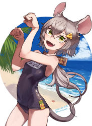 Rule 34 | 1girl, animal ears, beach, black one-piece swimsuit, blue sky, character name, cloud, cloudy sky, commentary, cowboy shot, dated, fang, green eyes, grey hair, hair ornament, horizon, long hair, looking at viewer, morosuke, mouse ears, mouse girl, mouse tail, ocean, old school swimsuit, one-piece swimsuit, open mouth, original, palm tree, paw pose, school swimsuit, short hair, sky, smile, solo, standing, swimsuit, tail, tree, twitter username