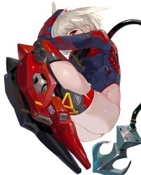 Rule 34 | 1girl, abs, absurdres, arm over head, ass, blonde hair, breasts, cable, cable tail, covering face, cyborg, highres, long sleeves, looking at viewer, mechanical legs, mechanical parts, mechanical tail, medium breasts, original, red eyes, solo, tail, thighs, white background, yunimaru