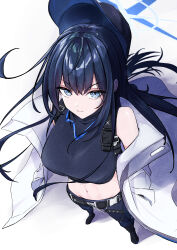 Rule 34 | 1girl, absurdres, bare shoulders, belt, black belt, black footwear, black hair, black hat, blue archive, blue eyes, blue halo, blue pants, bocchi (kuropom7), boots, breasts, closed mouth, commentary request, cropped shirt, foreshortening, full body, halo, hat, highres, jacket, large breasts, long hair, looking at viewer, looking up, midriff, navel, off shoulder, open clothes, open jacket, pants, saori (blue archive), shirt, simple background, sleeveless, sleeveless shirt, solo, standing, white background, white jacket