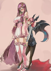 Rule 34 | 2girls, bat wings, blunt bangs, blush, breasts, crescent, crescent hair ornament, detached sleeves, fang, frilled legwear, glasses, hair ornament, height difference, koakuma, large breasts, multiple girls, panties, pantyhose, pantyshot, patchouli knowledge, pink background, plump, purple eyes, purple hair, red eyes, red hair, standing, striped clothes, striped thighhighs, thighhighs, touhou, underwear, vertical-striped clothes, vertical-striped thighhighs, wings, yohane, yuri