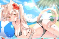 Rule 34 | 1girl, animal ears, ball, bare arms, bare shoulders, beachball, bikini, black bikini, blonde hair, blurry, breasts, cat ears, cat girl, cat tail, cleavage, collarbone, day, depth of field, flower, hair flower, hair ornament, halterneck, hamico, highres, long hair, looking at viewer, navel, original, outdoors, small breasts, solo, stomach, string bikini, swimsuit, tail, thighs, tongue, tongue out, twintails, wet