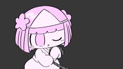 Rule 34 | 1girl, blunt bangs, blunt ends, expressionless, flower, grey background, hair flower, hair ornament, japanese clothes, kimono, long sleeves, noose, one eye closed, parted lips, pepoyo, pink eyes, pink flower, pink hair, pulling, rakuraku anrakushi (vocaloid), solo, spirit, vocaloid, vy1