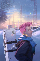Rule 34 | 1girl, blue coat, blue scarf, breath, coat, dawn, eyebrow cut, from side, green eyes, highres, lamppost, light blush, looking afar, overwatch, parted lips, pink hair, power lines, scar, scar on face, scarf, short hair, shroedinger, snow, solo, sunrise, transmission tower, very short hair, winter, winter clothes, zarya (overwatch)