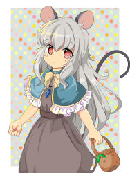 Rule 34 | 1girl, adapted costume, alternate hair length, alternate hairstyle, animal ears, basket, belt, blush stickers, capelet, clenched hand, commentary request, cowboy shot, dress, expressionless, frilled capelet, frills, grey background, grey dress, grey hair, hair between eyes, harakune (mugennero), highres, holding, holding basket, jewelry, light particles, long hair, looking at viewer, mouse ears, mouse tail, nazrin, necklace, pendant, polka dot, polka dot background, red eyes, solo, tail, touhou, very long hair