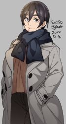 Rule 34 | 1girl, agawa ryou, black hair, brown eyes, commentary, dated, grey background, hands in pockets, jacket, lips, looking at viewer, original, scarf, short hair, signature, simple background, solo, thick eyebrows