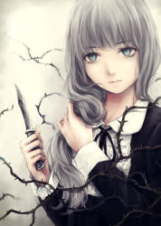 Rule 34 | 1girl, blunt bangs, closed mouth, dagger, expressionless, grey background, grey eyes, grey hair, holding, holding knife, holding weapon, knife, long hair, long sleeves, nuwanko, original, ribbon, simple background, solo, thorns, upper body, wavy hair, weapon