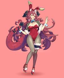 Rule 34 | 1girl, absurdres, alternate costume, animal ears, breasts, dragalia lost, dragon tail, fishnet pantyhose, fishnets, full body, high heels, highres, katsu, large breasts, long hair, mym (dragalia lost), open mouth, pantyhose, rabbit ears, red eyes, red hair, solo, tail, very long hair