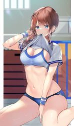 Rule 34 | 1girl, absurdres, backlighting, ball, bare legs, basketball, basketball (object), blue buruma, blue eyes, breasts, brown hair, buruma, cleavage, clothes in mouth, commentary request, gym storeroom, gym uniform, hashire! taiikumatsuri! ~jikkou iin wa ooisogashi~ (project sekai), highres, indoors, large breasts, letterboxed, looking at viewer, mochizuki honami, mouth hold, navel, outside border, over shoulder, project sekai, shirt, shirt in mouth, short sleeves, sitting, solo, sports bra, stomach, thighs, tomura2maru, wariza, white shirt