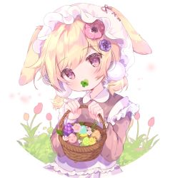 Rule 34 | 1girl, animal ears, basket, blonde hair, blush, brown dress, brown eyes, clover, collared dress, commentary request, covered mouth, dress, ears through headwear, easter, easter egg, egg, flower, four-leaf clover, hair between eyes, hair flower, hair ornament, hands up, hat, head tilt, holding, holding basket, long sleeves, low twintails, mob cap, original, pink flower, purple flower, rabbit ears, red flower, short twintails, solo, suzuhara (13yuuno), twintails, white background, white hat