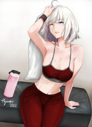 Rule 34 | 1girl, ahoge, arm up, bare shoulders, bottle, breasts, cleavage, green eyes, head tilt, highres, hyunami, lips, looking at viewer, md5 mismatch, midriff, navel, on bench, original, pants, resolution mismatch, short hair, signature, sitting, source larger, sports bra, sportswear, stomach, sweat, towel, water bottle, white hair, wide hips, wristband