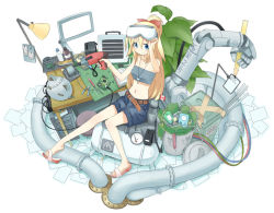 Rule 34 | 1girl, aikei ake, ake, blonde hair, blue eyes, canada, denim, denim shorts, drill, game boy, game boy (original), goggles, handheld game console, jewelry, lamp, leaf, long hair, mechanical arms, midriff, navel, necklace, original, paper, industrial pipe, ponytail, power drill, power tool, screwdriver, shorts, single mechanical arm, solo