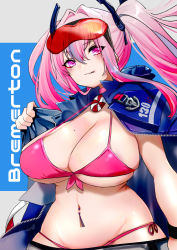 Rule 34 | 1girl, :q, anchor symbol, azur lane, bikini, black shorts, blue background, blue hair, blue jacket, breasts, bremerton (azur lane), character name, choker, cleavage, commentary request, eyewear on head, front-tie top, grey background, groin, hachimitsu hinako, hair between eyes, hair intakes, hair ornament, highleg, highleg bikini, holding, holding clothes, holding jacket, hood, hooded jacket, jacket, jacket on shoulders, large breasts, long hair, looking at viewer, midriff, mole, mole on breast, mole under eye, multicolored hair, navel, navel piercing, open clothes, open jacket, panties, piercing, pink bikini, pink choker, pink eyes, pink hair, shorts, side-tie bikini bottom, side-tie panties, sidelocks, signature, skindentation, smile, solo, streaked hair, sunglasses, sunglasses on head, swimsuit, tongue, tongue out, twintails, two-tone background, two-tone hair, underboob, underwear, upper body, wristband