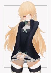 Rule 34 | 1girl, black dress, blonde hair, blush, bow, breasts, closed mouth, commentary, copyright request, dress, frilled dress, frills, green bow, grey background, heoningu, highres, long hair, long sleeves, looking away, looking to the side, nose blush, pointy ears, red eyes, short dress, sleeves past wrists, small breasts, solo, striped clothes, striped thighhighs, symbol-only commentary, thighhighs, very long hair, wide sleeves