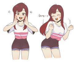 Rule 34 | 1girl, alternate costume, bad id, bad twitter id, brown eyes, brown hair, brown shorts, casual, character sheet, clenched hands, collarbone, cropped legs, croquis2, d.va (overwatch), eyebrows, facepaint, facial mark, female focus, hands on own face, korean text, long hair, looking at viewer, multiple views, open mouth, overwatch, overwatch 1, shirt, shirt tucked in, short shorts, short sleeves, shorts, shouting, shouting with hands, simple background, smile, whisker markings, white background