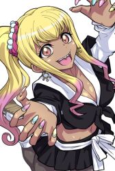 Rule 34 | 1girl, artist request, bleach, blonde hair, breasts, claw pose, cleavage, dark-skinned female, dark skin, earrings, fingernails, jewelry, large breasts, long hair, navel, open mouth, shiny skin, side ponytail, simple background, smile, solo, teeth, upper teeth only, very long hair, yayahara yuyu