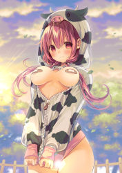Rule 34 | 1girl, areola slip, bandaid, bandaids on nipples, blush, bottomless, breasts, breasts out, censored, closed mouth, clothes pull, convenient censoring, falling leaves, highres, hinako note, lactation, lactation through clothes, leaf, light censor, looking at viewer, march-bunny, medium breasts, pasties, sakuragi hinako, smile, solo, standing, thighs
