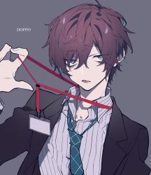Rule 34 | 1boy, blue eyes, brown hair, brown jacket, character name, collared shirt, commentary request, eyes visible through hair, grey background, grey shirt, hair between eyes, hand up, highres, hypnosis mic, jacket, kannonzaka doppo, long sleeves, looking at viewer, male focus, mochizuki kei, name tag, parted lips, shirt, simple background, solo, upper body, wing collar