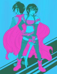 Rule 34 | 1boy, 1girl, absurdres, autumn-sacura, back-to-back, black hair, boots, cape, collar, collarbone, crop top, detached sleeves, full body, gloves, highres, leon magnus, limited palette, looking to the side, midriff, multicolored clothes, multicolored gloves, navel, pink footwear, rutee katrea, short hair, short shorts, shorts, shoulder pads, tales of (series), tales of destiny, thighhighs
