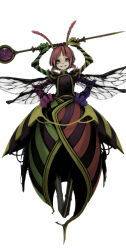 Rule 34 | 129adam, 1girl, antennae, arthropod girl, asymmetrical dress, asymmetrical gloves, bee, bee girl, bug, dress, extra arms, full body, gloves, green dress, highres, holding, holding staff, insect, insect girl, insect wings, light smile, monster girl, original, pink hair, red dress, short hair, solo, staff, striped sleeves, white background, wings