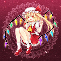 Rule 34 | 1girl, ascot, bad id, bad pixiv id, blonde hair, chisa, doily, flandre scarlet, floral background, full body, gradient background, hat, hat ribbon, knees up, looking at viewer, mary janes, mob cap, open mouth, red background, red eyes, ribbon, shoes, short hair, short sleeves, side ponytail, skirt, skirt set, socks, solo, touhou, wings