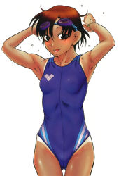Rule 34 | 1girl, amazume ryuuta, armpits, black eyes, blue one-piece swimsuit, brown hair, competition swimsuit, cowboy shot, dark skin, dark-skinned female, gluteal fold, goggles, goggles on head, looking at viewer, nana to kaoru, official art, one-piece swimsuit, short hair, simple background, solo, swimsuit, tachi ryouko, tan, tanline, white background