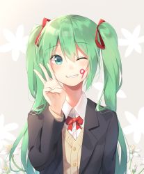 Rule 34 | 1girl, 39, absurdres, alexmaster, blazer, flower, green eyes, green hair, grin, hatsune miku, highres, jacket, long hair, matching hair/eyes, one eye closed, smile, solo, sweater vest, twintails, vocaloid
