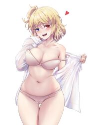Rule 34 | 1girl, :d, absurdres, blonde hair, blue eyes, bra, braid, breasts, cleavage, collarbone, cowboy shot, gluteal fold, groin, hair between eyes, hands up, head tilt, heart, heterochromia, highres, light blush, long sleeves, looking at viewer, medium breasts, navel, one side up, open clothes, open mouth, open shirt, original, panties, pinkmarine, plump, red eyes, see-through, see-through shirt, shirt, short hair, simple background, single bare shoulder, skindentation, sleeves past wrists, smile, solo, standing, strap slip, swept bangs, teeth, thigh gap, tongue, underwear, undressing, upper teeth only, white background, white bra, white panties, white shirt, wide hips