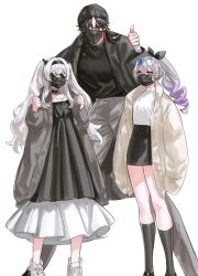 Rule 34 | 1boy, 2girls, black dress, black hair, black hairband, black skirt, black socks, blade (honkai: star rail), dress, firefly (honkai: star rail), full body, grey eyes, grey hair, grey jacket, grey pants, hairband, height difference, high ponytail, highres, honkai: star rail, honkai (series), jacket, jam8366, long hair, looking at another, looking at viewer, mask, mouth mask, multiple girls, pants, red eyes, shoes, silver wolf (honkai: star rail), simple background, skirt, sneakers, socks, standing, sunglasses, thumbs up, two side up, very long hair, white background, white footwear, white hair