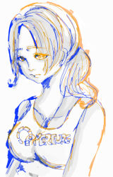 Rule 34 | 1girl, bad id, bad pixiv id, breasts, chell, female focus, monochrome, portal (series), portal 1, sketch, solo, spot color, tank top, valve, white background