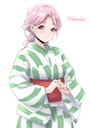 Rule 34 | 1girl, alternate hairstyle, braid, commentary request, highres, japanese clothes, kantai collection, kimono, leaf print, long hair, looking at viewer, luigi di savoia duca degli abruzzi (kancolle), multicolored hair, one-hour drawing challenge, pink hair, red eyes, red hair, simple background, solo, streaked hair, takomeshi, upper body, white background, white kimono, yukata