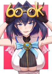 Rule 34 | absurdres, blue eyes, blue hair, breasts, chain, chain headband, cleavage cutout, clothing cutout, eyewear on head, hair intakes, highres, holocouncil, hololive, hololive english, large breasts, ouro kronii, ribbon, simple background, sleeveless, solo, underboob, underboob cutout, virtual youtuber, zenya