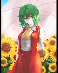 Rule 34 | 1girl, absurdres, ascot, bad id, bad twitter id, breasts, cowboy shot, day, dress shirt, flower, green hair, highres, holding, holding umbrella, kazami yuuka, large breasts, looking at viewer, mappe (778exceed), open clothes, open vest, parasol, parted lips, pillarboxed, plaid, plaid skirt, plaid vest, puffy short sleeves, puffy sleeves, red eyes, shaded face, shirt, short hair, short sleeves, skirt, skirt set, smile, solo, sunflower, touhou, umbrella, vest, white shirt