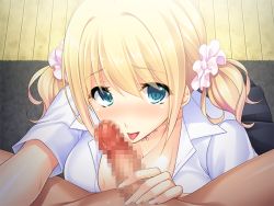 Rule 34 | 1girl, ayase hazuki, blonde hair, blue eyes, blush, breasts, carpet, censored, clothed female nude male, eyebrows, fellatio, game cg, handjob, indoors, kneeling, large breasts, licking, looking at viewer, mosaic censoring, nise bitch, nude, oral, parted lips, penis, pov, precum, school uniform, scrunchie, solo focus, sweat, tongue, twintails, wooden floor