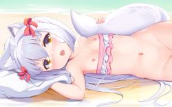 Rule 34 | animal ears, beach, beach towel, belly, bikini, bikini pull, bikini top only, blush, bottomless, bow, breasts, breasts out, clothes pull, collarbone, fang, flat chest, flower hair ornament, frilled bikini, frills, hair between eyes, hair bow, head on hand, long hair, lying, multicolored bikini, multicolored clothes, navel, nipples, nyatrix, on side, open mouth, out-of-frame censoring, pink bikini, ponytail, red bow, sand, silver hair, swimsuit, tail, tail grab, towel, very long hair, white bikini, yellow eyes