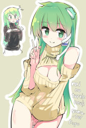 Rule 34 | 1girl, blush, breasts, cleavage, cleavage cutout, clothing cutout, detached sleeves, frog hair ornament, green eyes, green hair, hair ornament, kochiya sanae, large breasts, long hair, looking at viewer, matching hair/eyes, meme attire, open-chest sweater, puuakachan, sketch, smile, snake hair ornament, solo, sweater, touhou, turtleneck, v