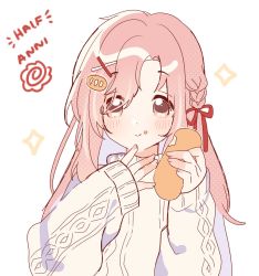 Rule 34 | 1girl, anniversary, baguette, beige sweater, blush, braid, bread, crumbs, eating, food, food-themed hair ornament, hair ornament, hairclip, highres, holding, holding food, lili/nadenade, looking at viewer, nini yuuna, pink eyes, pink hair, ribbed sweater, smile, solo, sparkle, sweater, tsunderia, virtual youtuber