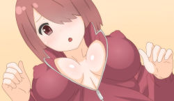Rule 34 | 1girl, blush, breasts, brown background, brown hair, cleavage, covered erect nipples, from below, hair over one eye, highres, hoshino miyako (wataten), impossible clothes, impossible jersey, jersey, large breasts, looking at viewer, looking down, medium hair, no bra, open clothes, open jersey, open mouth, poa mellhen, red eyes, revision, simple background, solo, unzipped, upper body, watashi ni tenshi ga maiorita!