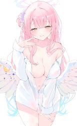 Rule 34 | 1girl, absurdres, alternate costume, bare shoulders, blue archive, breasts, cowboy shot, feathered wings, hair bun, halo, highres, large breasts, long sleeves, looking at viewer, low wings, mika (blue archive), naughty face, navel, off shoulder, partially unbuttoned, pink hair, pink halo, shirt, simple background, single side bun, smile, solo, tsuyuri eri, white background, white shirt, white wings, wing ornament, wings, yellow eyes