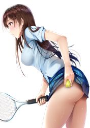 Rule 34 | 1girl, absurdres, ass, ball, bare legs, blurry, blush, breasts, brown eyes, brown hair, cowboy shot, depth of field, fay (fay axl), female focus, from side, highres, holding, idolmaster, idolmaster cinderella girls, leaning forward, long hair, looking away, medium breasts, miniskirt, nitta minami, no panties, parted lips, plaid, plaid skirt, pleated skirt, profile, racket, short sleeves, simple background, skirt, solo, sportswear, sweat, tennis ball, tennis racket, tennis uniform, thighs, white background