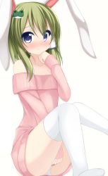 Rule 34 | 1girl, alternate costume, animal ears, bad id, bad pixiv id, bare shoulders, between legs, blue eyes, blush, chimunge, collarbone, covering privates, covering crotch, female focus, frog hair ornament, green hair, hair ornament, hand between legs, hand to own mouth, highres, kochiya sanae, long sleeves, looking at viewer, naked sweater, off shoulder, panties, pantyshot, rabbit ears, simple background, sitting, solo, sweater, thighhighs, touhou, underwear, white background, white panties, white thighhighs