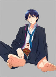 Rule 34 | 1boy, barefoot, erection, feet, highres, looking at viewer, male focus, penis, red eyes, school uniform, sigerufn, simple background, smirk, soles, solo, tagme, toes, underwear, undressing