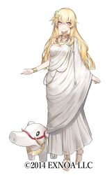 Rule 34 | 1girl, blonde hair, breasts, character request, cleavage, closed mouth, eisuto, elephant, full body, hair between eyes, hair ornament, long hair, looking at viewer, medium breasts, oshiro project:re, red eyes, simple background, smile, solo, standing, toga, very long hair, white background