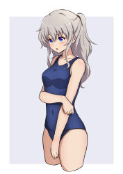 Rule 34 | 1girl, absurdres, arm at side, arm under breasts, bare arms, blue eyes, blue one-piece swimsuit, blush, breasts, charlotte (anime), collarbone, commentary request, covered navel, cowboy shot, eyelashes, eyes visible through hair, frown, furrowed brow, grey background, grey hair, hair between eyes, half updo, highres, long hair, looking afar, medium breasts, nishizuki shino, one-piece swimsuit, open mouth, ponytail, shy, sidelocks, simple background, solo, standing, swimsuit, tomori nao