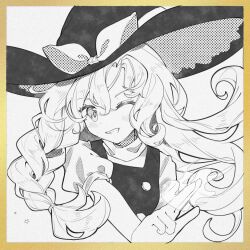Rule 34 | 1girl, braid, breasts, chinese commentary, commentary request, greyscale, grin, hat, jian xing zao, kirisame marisa, long hair, monochrome, one eye closed, puffy short sleeves, puffy sleeves, screentones, shirt, short sleeves, small breasts, smile, solo, touhou, vest, witch hat