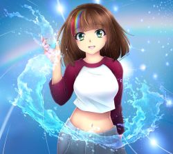 Rule 34 | 1girl, abstract background, arm behind back, arm up, blue background, breasts, brown hair, crop top, denim, hime cut, hydrokinesis, looking at viewer, magic, magical girl, medium breasts, midriff, multicolored eyes, multicolored hair, nail polish, navel, nyaaan, open mouth, original, raglan sleeves, rainbow, rainbow background, rainbow eyes, rainbow hair, shirt, signature, simple background, sleeves past elbows, smile, solo, stomach, tagme, water, water drop