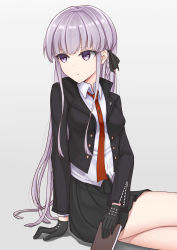 Rule 34 | 1girl, absurdres, arm support, black gloves, black jacket, black ribbon, black skirt, blunt bangs, braid, breasts, closed mouth, collared shirt, commentary request, danganronpa: trigger happy havoc, danganronpa (series), dress shirt, gloves, gradient background, grey background, hair ribbon, highres, holding, jacket, kirigiri kyoko, long hair, long legs, long sleeves, looking at viewer, looking to the side, medium breasts, miniskirt, necktie, open clothes, open jacket, pleated skirt, purple eyes, purple hair, red necktie, ribbon, shirt, side braid, single braid, sitting, skirt, smilent, solo, very long hair, white shirt