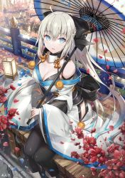 Rule 34 | 1girl, ahoge, blue eyes, bow, braid, breasts, cleavage, commentary, fate/grand order, fate (series), gabiran, hair bow, highres, japanese clothes, kimono, long hair, looking at viewer, morgan le fay (fate), off shoulder, oil-paper umbrella, pantyhose, platinum blonde hair, ponytail, sitting, solo, umbrella, wide sleeves