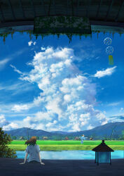 Rule 34 | 1girl, apuchi tochi, arm support, blue sky, brown hair, bush, cloud, commentary request, cumulonimbus cloud, field, forest, from behind, grass, highres, house, lantern, mountain, mountainous horizon, nature, original, pond, reflection, rural, scarecrow, scenery, shirt, short sleeves, sitting, sky, solo, summer, tree, white shirt, wind chime, wind turbine, windmill