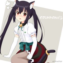 Rule 34 | 1girl, alternate costume, animal ears, bell, birthday, black hair, blush, brown eyes, brown pantyhose, cat ears, cat tail, commentary, elbow gloves, gloves, k-on!, long hair, looking at viewer, mitya, nakano azusa, open mouth, pantyhose, puffy short sleeves, puffy sleeves, red skirt, shirt, short sleeves, skirt, solo, striped clothes, striped skirt, tail, twintails, twitter username, white gloves, white shirt